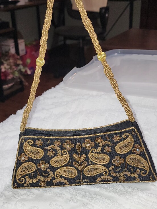 Bougevillea Handbags - Bougainvillea Brown Bag With Bronze Stitching, Beaded Handle & Embellishments